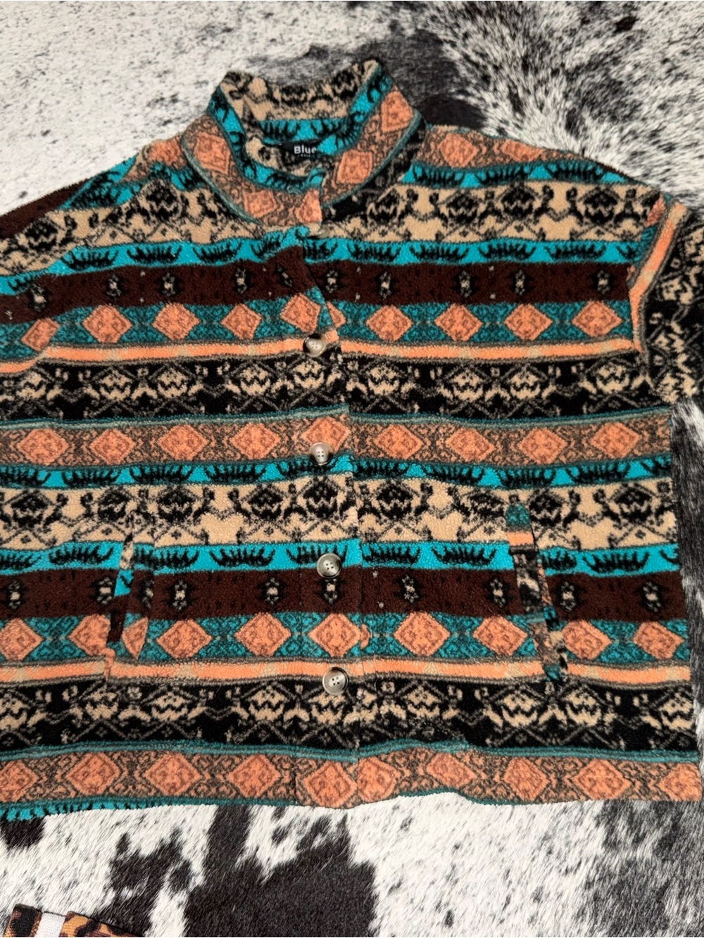 Button-Up Knit Jacket Sweatshirt in Teal, Brown & Cream